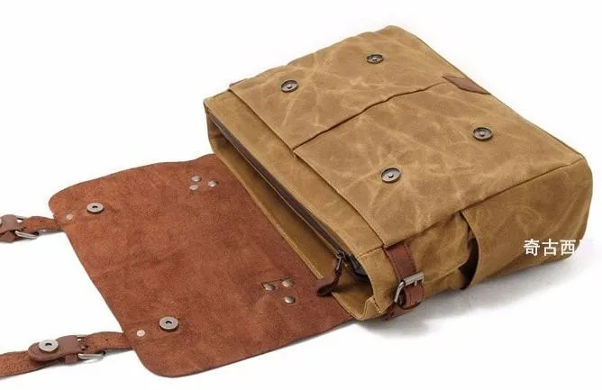Mens Waxed Canvas Leather Side Bag Messenger Bag Canvas Courier Bag for Men
