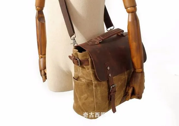 Mens Waxed Canvas Leather Side Bag Messenger Bag Canvas Courier Bag for Men