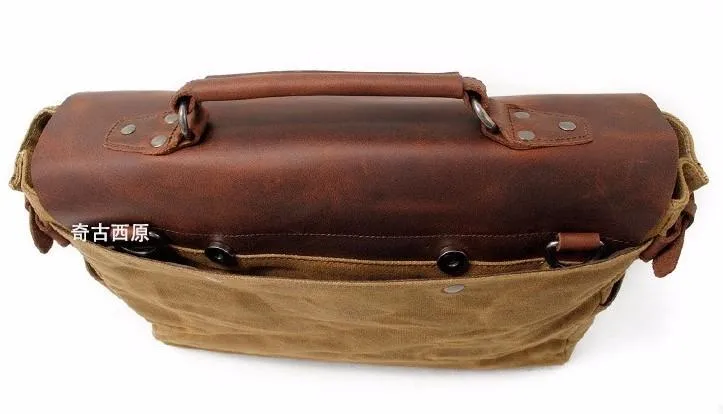 Mens Waxed Canvas Leather Side Bag Messenger Bag Canvas Courier Bag for Men