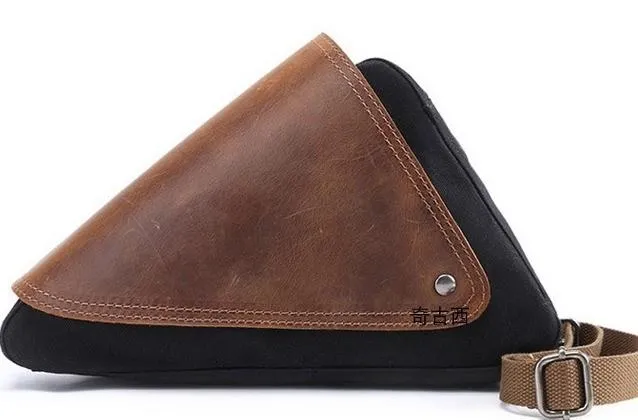 Mens Waxed Canvas Leather Triangular Side Messenger Bag Canvas Courier Bags for Men