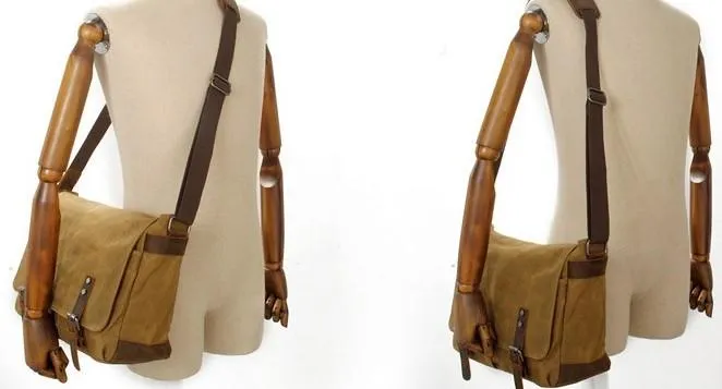 Mens Waxed Canvas Side Bag Canvas Messenger Courier Bag Shoulder Bag for Men