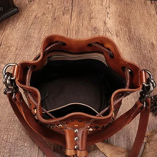 Purple Leather Womens Bucket Handbag Shoulder Bag Studded Western Leather Shoulder Barrel Bag Purse