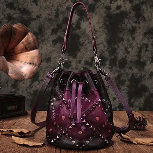 Purple Leather Womens Bucket Handbag Shoulder Bag Studded Western Leather Shoulder Barrel Bag Purse