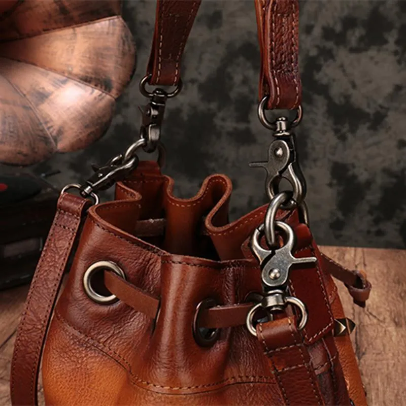 Purple Leather Womens Bucket Handbag Shoulder Bag Studded Western Leather Shoulder Barrel Bag Purse