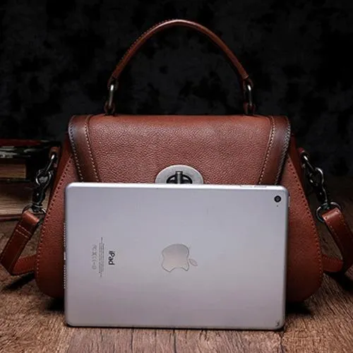 Red Geometric Vintage Womens Handbag Leather Brown Shoulder Handbag Purse for Ladies