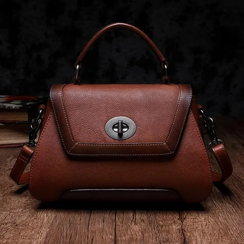 Red Geometric Vintage Womens Handbag Leather Brown Shoulder Handbag Purse for Ladies