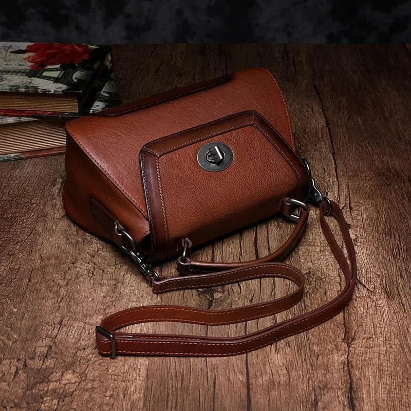Red Geometric Vintage Womens Handbag Leather Brown Shoulder Handbag Purse for Ladies