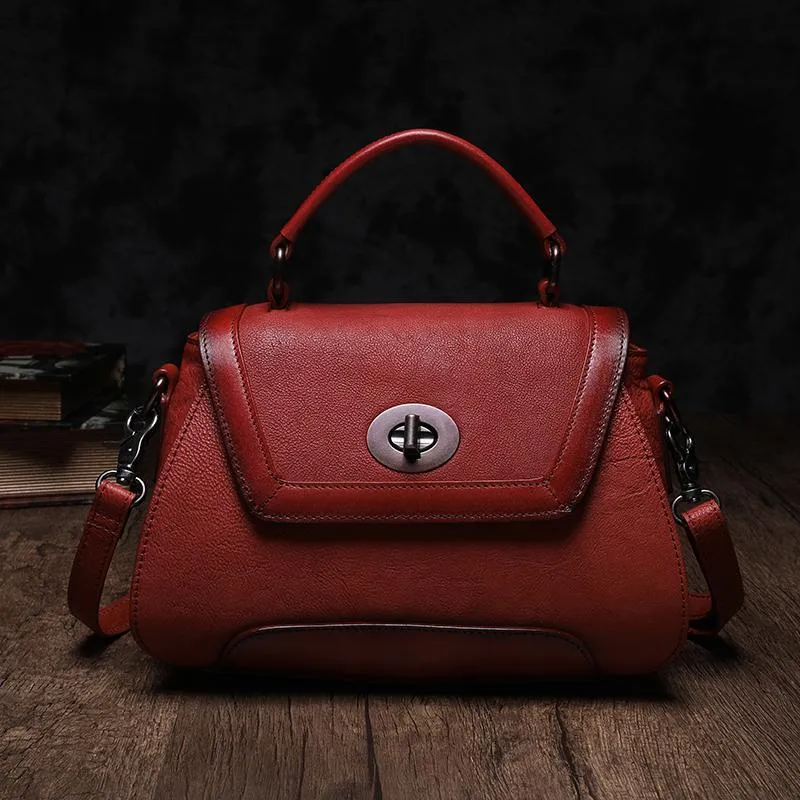 Red Geometric Vintage Womens Handbag Leather Brown Shoulder Handbag Purse for Ladies
