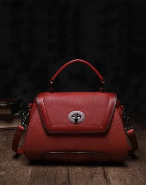 Red Geometric Vintage Womens Handbag Leather Brown Shoulder Handbag Purse for Ladies