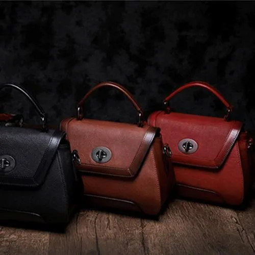 Red Geometric Vintage Womens Handbag Leather Brown Shoulder Handbag Purse for Ladies