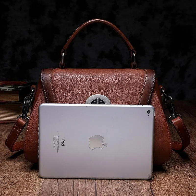 Red Geometric Vintage Womens Handbag Leather Brown Shoulder Handbag Purse for Ladies