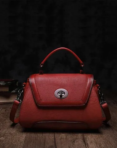 Red Geometric Vintage Womens Handbag Leather Brown Shoulder Handbag Purse for Ladies