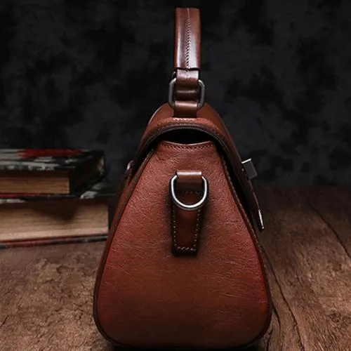 Red Geometric Vintage Womens Handbag Leather Brown Shoulder Handbag Purse for Ladies