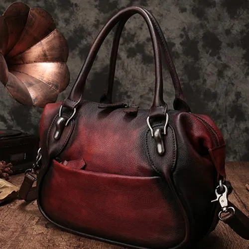 Red Vintage Leather 13" Womens Tote Shopper Handbag Dumpling Bag Purse for Ladies