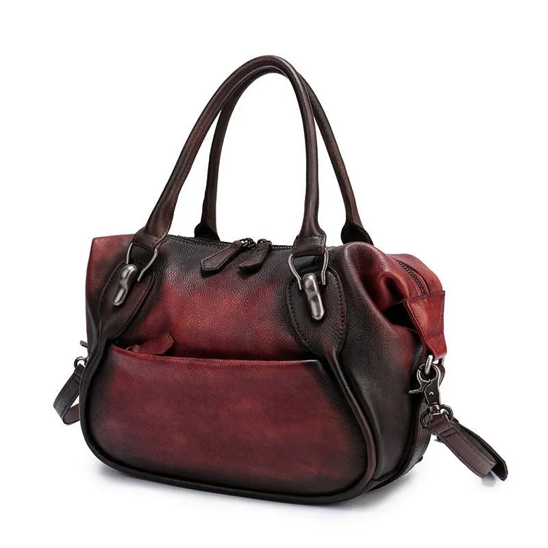 Red Vintage Leather 13" Womens Tote Shopper Handbag Dumpling Bag Purse for Ladies