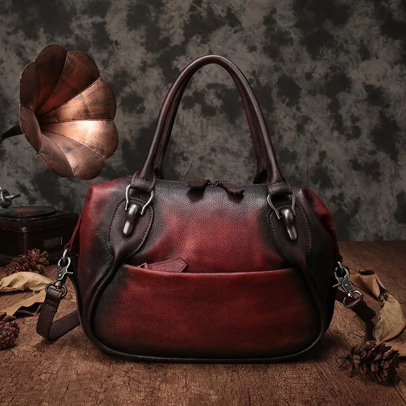 Red Vintage Leather 13" Womens Tote Shopper Handbag Dumpling Bag Purse for Ladies