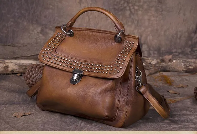 Red Vintage Leather Purse Handmade Rivet Satchel Handbag Shoulder Bags Crossbody Purses