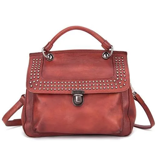 Red Vintage Leather Purse Handmade Rivet Satchel Handbag Shoulder Bags Crossbody Purses