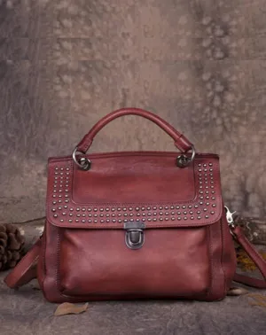 Red Vintage Leather Purse Handmade Rivet Satchel Handbag Shoulder Bags Crossbody Purses