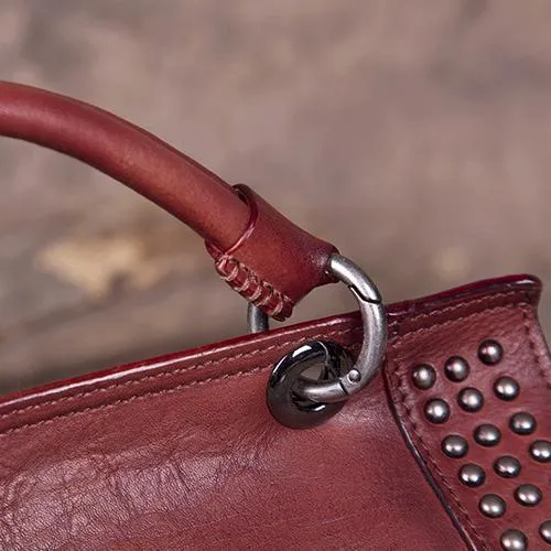 Red Vintage Leather Purse Handmade Rivet Satchel Handbag Shoulder Bags Crossbody Purses