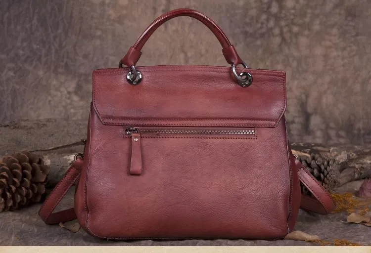Red Vintage Leather Purse Handmade Rivet Satchel Handbag Shoulder Bags Crossbody Purses