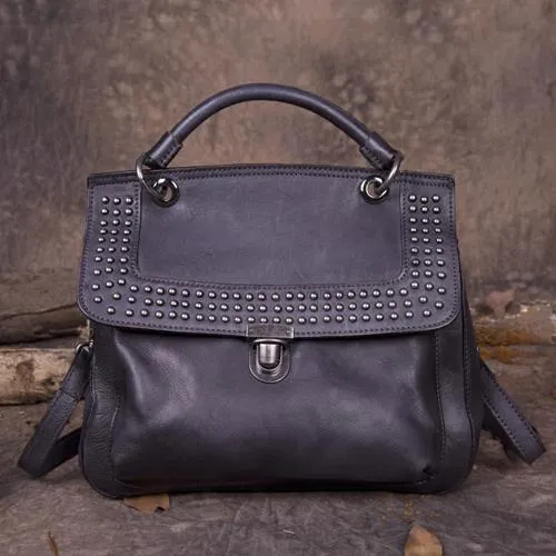 Red Vintage Leather Purse Handmade Rivet Satchel Handbag Shoulder Bags Crossbody Purses