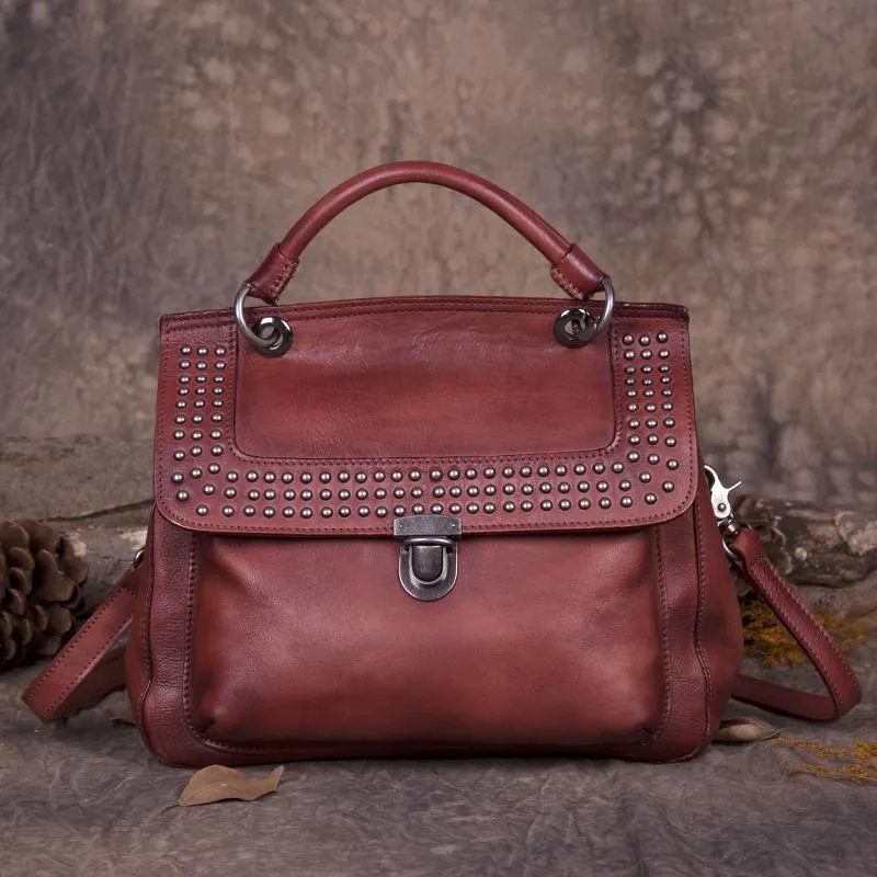 Red Vintage Leather Purse Handmade Rivet Satchel Handbag Shoulder Bags Crossbody Purses