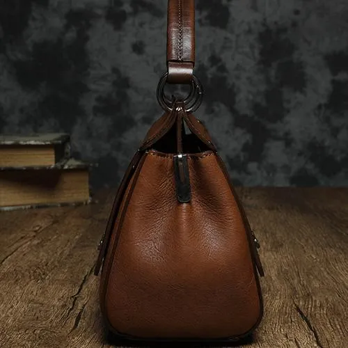 Red Vintage Womens Leather Satchel Handbags Brown Shoulder Bag Purses for Ladies