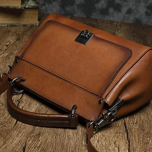 Red Vintage Womens Leather Satchel Handbags Brown Shoulder Bag Purses for Ladies