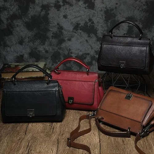 Red Vintage Womens Leather Satchel Handbags Brown Shoulder Bag Purses for Ladies