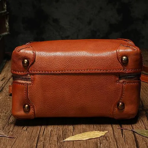Red Womens Leather Satchel Handbag Cube Square Box Satchel Brown Handbag Purse for Ladies