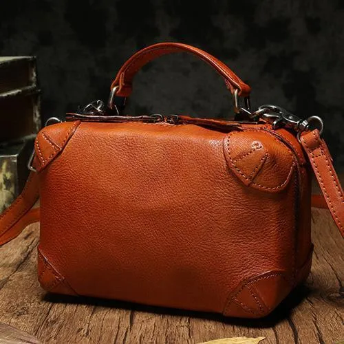 Red Womens Leather Satchel Handbag Cube Square Box Satchel Brown Handbag Purse for Ladies