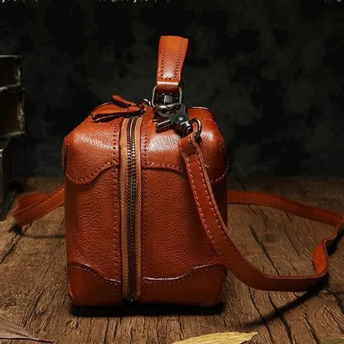 Red Womens Leather Satchel Handbag Cube Square Box Satchel Brown Handbag Purse for Ladies