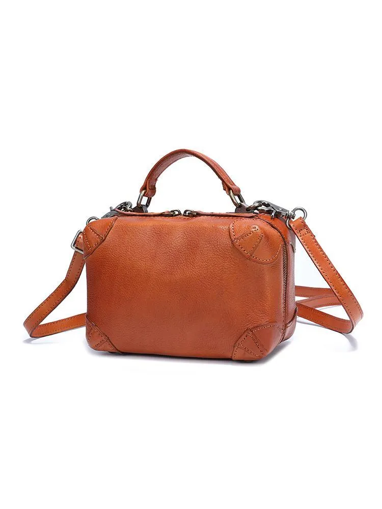 Red Womens Leather Satchel Handbag Cube Square Box Satchel Brown Handbag Purse for Ladies
