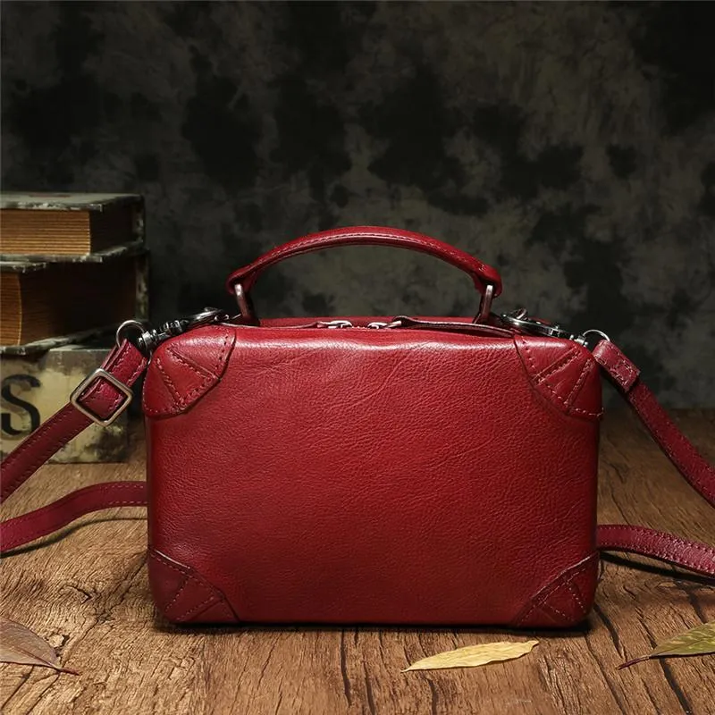 Red Womens Leather Satchel Handbag Cube Square Box Satchel Brown Handbag Purse for Ladies