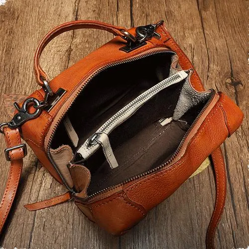 Red Womens Leather Satchel Handbag Cube Square Box Satchel Brown Handbag Purse for Ladies
