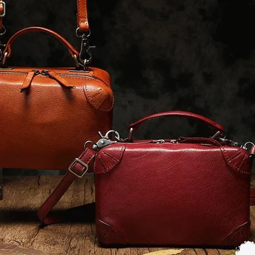 Red Womens Leather Satchel Handbag Cube Square Box Satchel Brown Handbag Purse for Ladies