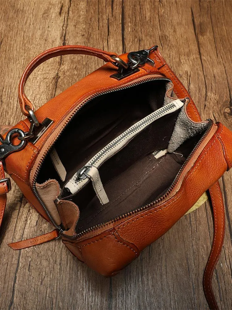 Red Womens Leather Satchel Handbag Cube Square Box Satchel Brown Handbag Purse for Ladies