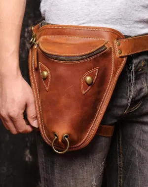 Retro Brown MENS LEATHER FANNY PACK FOR MEN Dark Coffee Ox Head BUMBAG Vintage WAIST BAGS