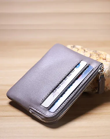 Slim Women Coffee Leather Card Wallet Minimalist Zip Billfold Card Holder Wallet Coin Wallet For Women