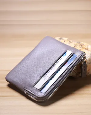 Slim Women Gray Leather Card Wallet Minimalist Zip Billfold Card Holder Wallet Coin Wallet For Women