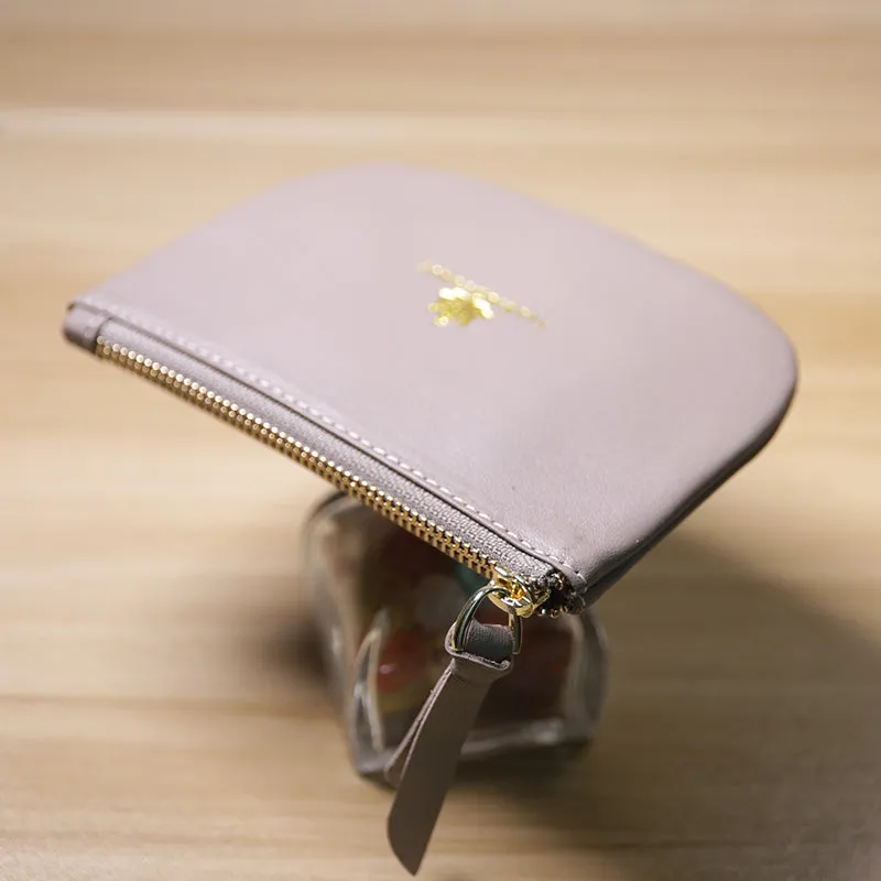 Slim Women Gray Leather Zip Card Wallet Saddle Minimalist Coin Wallet Small Zip Change Wallet For Women
