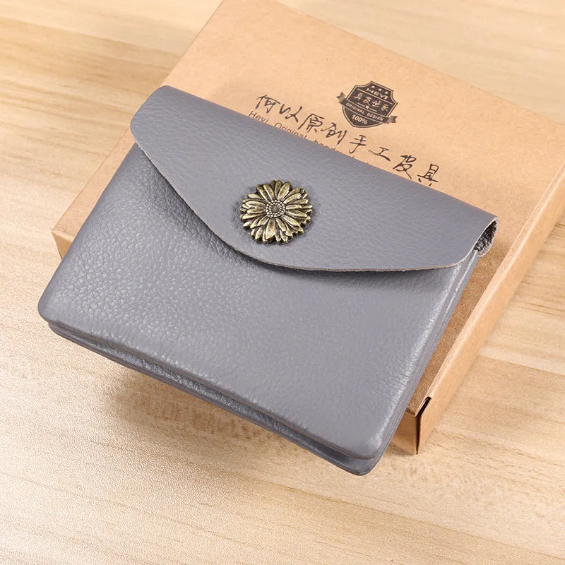 Slim Women Light Brown Sunflower Leather Card Wallet Minimalist Envelope Card Holder Wallet Coin Wallet For Women