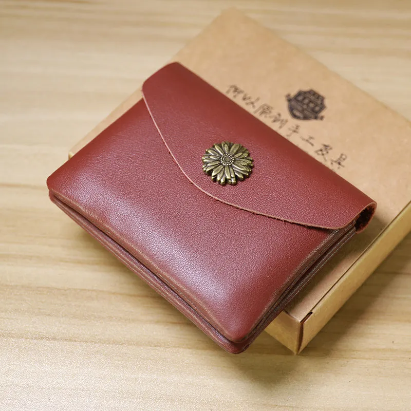Slim Women Light Brown Sunflower Leather Card Wallet Minimalist Envelope Card Holder Wallet Coin Wallet For Women