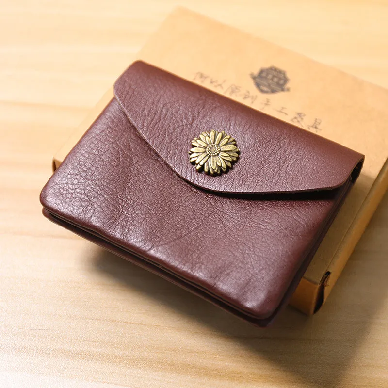 Slim Women Light Brown Sunflower Leather Card Wallet Minimalist Envelope Card Holder Wallet Coin Wallet For Women