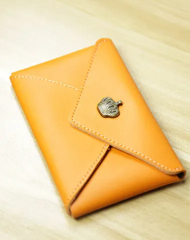 Slim Women Orange Leather Card Wallet Minimalist Envelope Card Holder Wallet Coin Wallet For Women