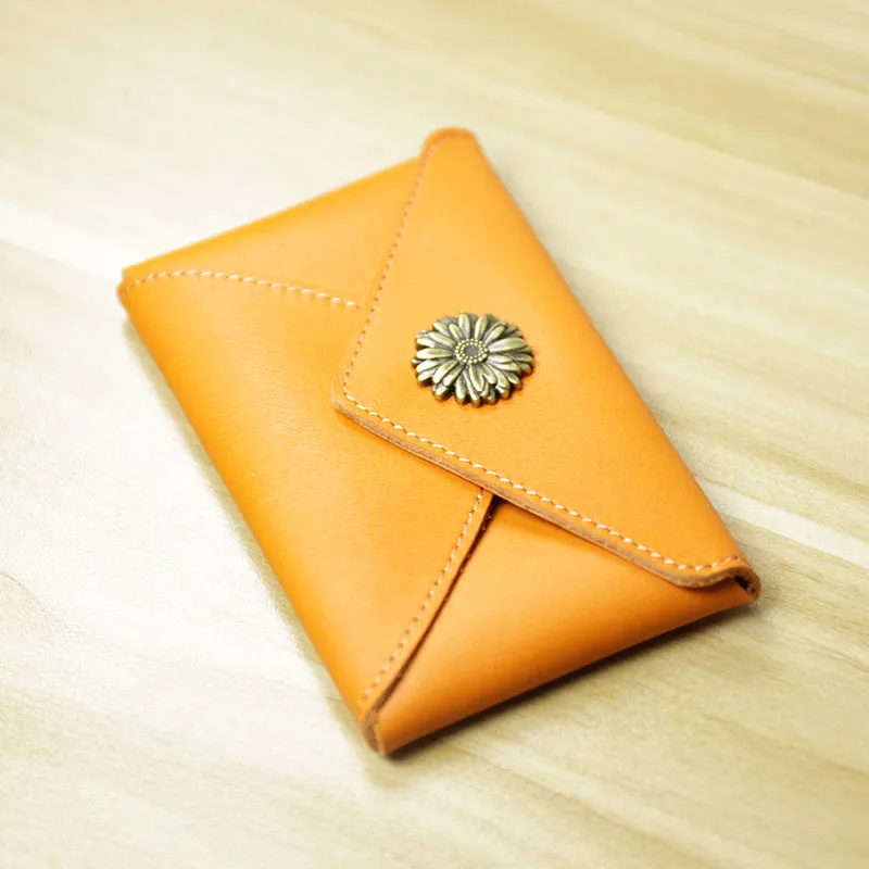 Slim Women Orange Leather Card Wallet Minimalist Envelope Card Holder Wallet Coin Wallet For Women