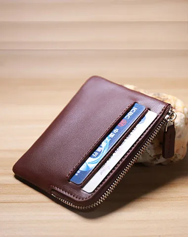 Slim Women Pink Leather Card Wallet Minimalist Zip Billfold Card Holder Wallet Coin Wallet For Women