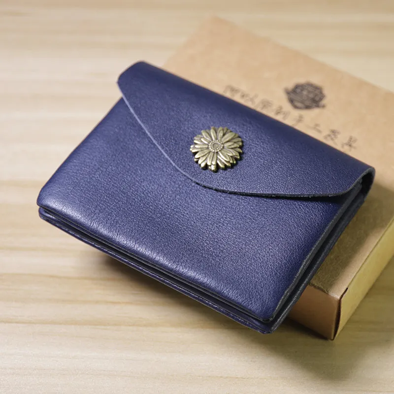 Slim Women Red Brown Sunflower Leather Card Wallet Minimalist Envelope Card Holder Wallet Coin Wallet For Women