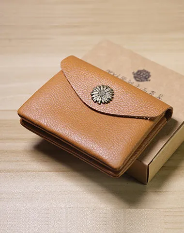 Slim Women Red Brown Sunflower Leather Card Wallet Minimalist Envelope Card Holder Wallet Coin Wallet For Women